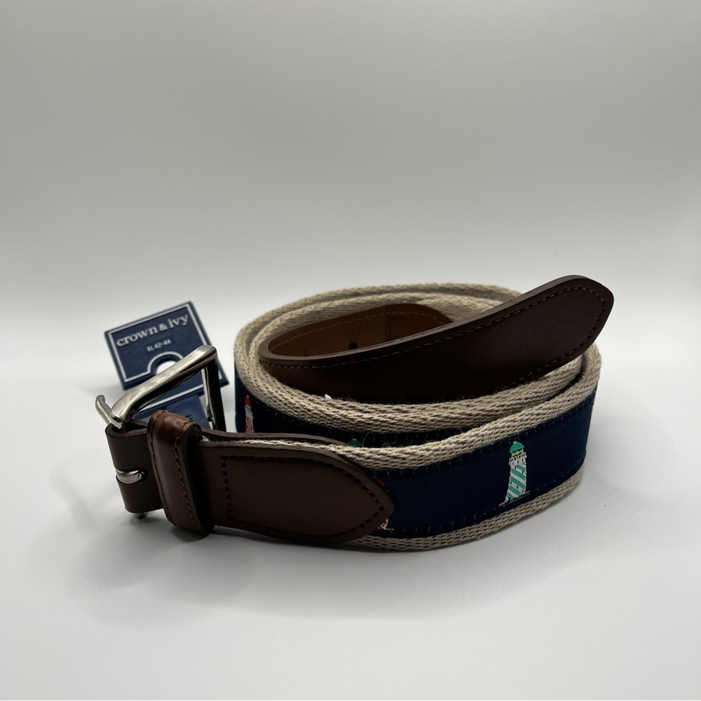 NEW Crown &‎ Ivy JAAK Khaki Canvas Belt Navy Lighthouse Embroidery XL NWT 42-44